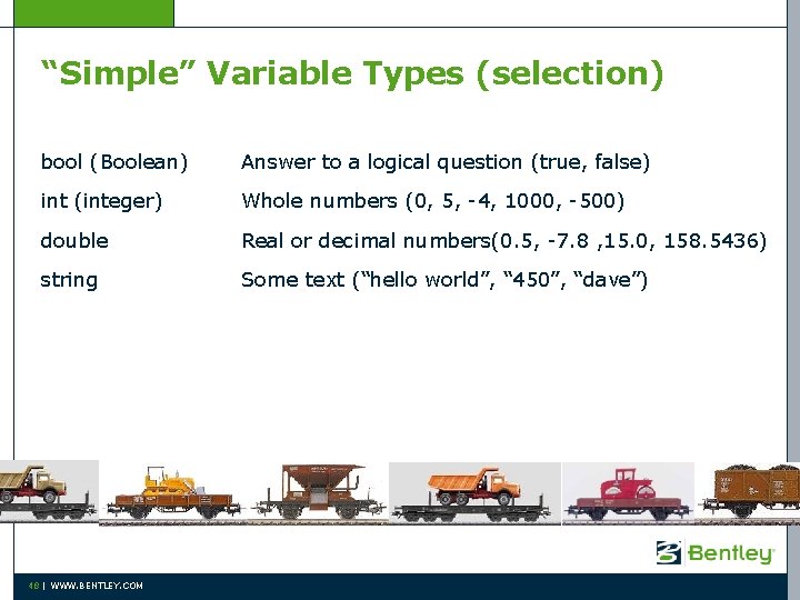 “Simple” Variable Types (selection) bool (Boolean) Answer to a logical question (true, false) int