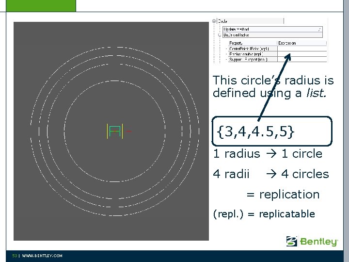 This circle’s radius is defined using a list. {3, 4, 4. 5, 5} 1