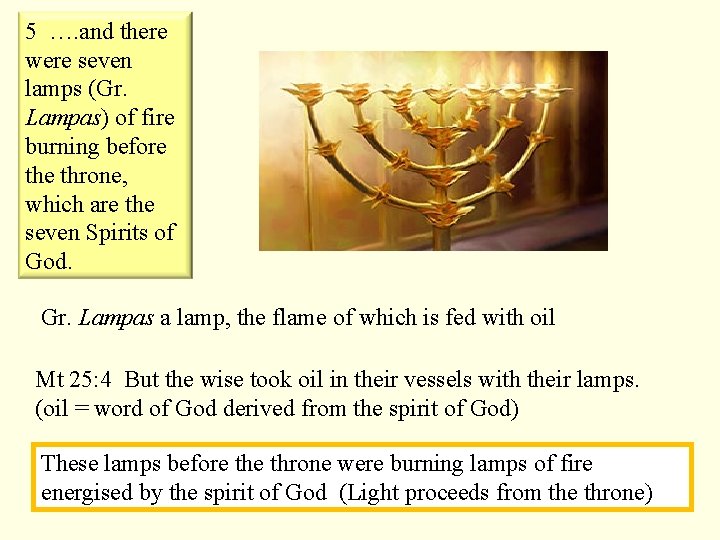 5 …. and there were seven lamps (Gr. Lampas) of fire burning before throne,