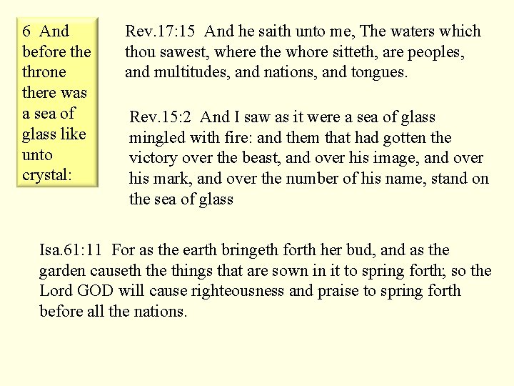 6 And before throne there was a sea of glass like unto crystal: Rev.