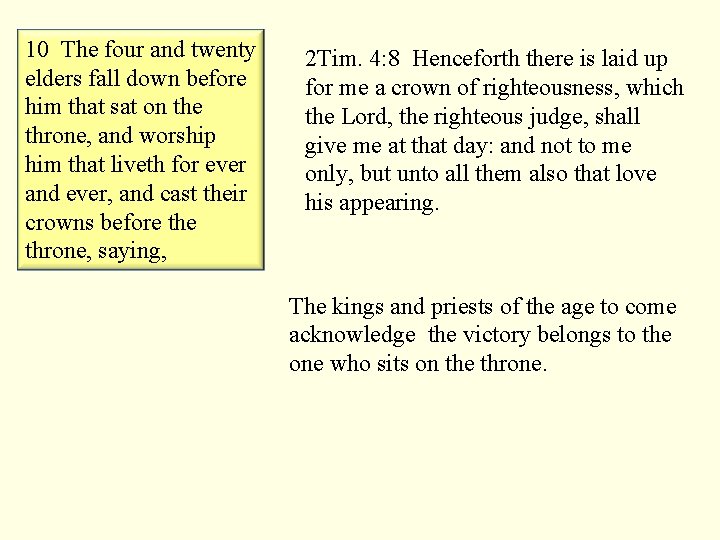 10 The four and twenty elders fall down before him that sat on the