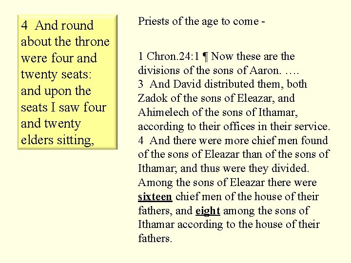 4 And round about the throne were four and twenty seats: and upon the