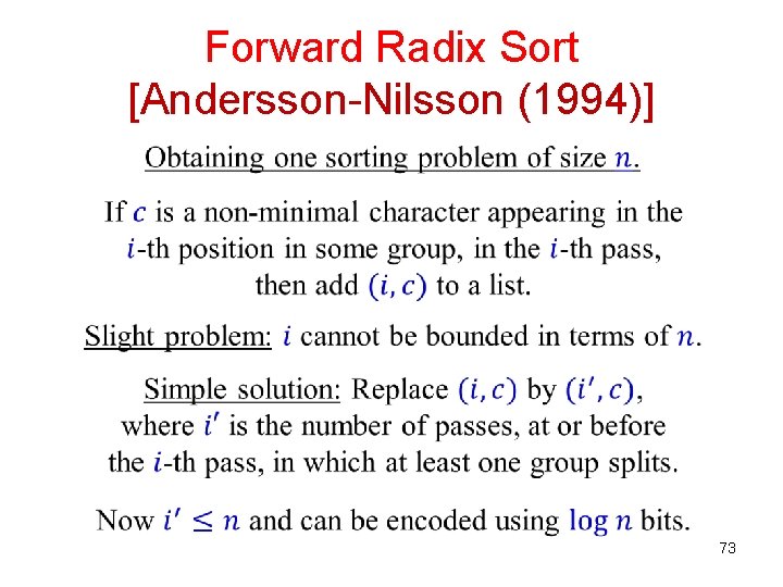 Forward Radix Sort [Andersson-Nilsson (1994)] 73 