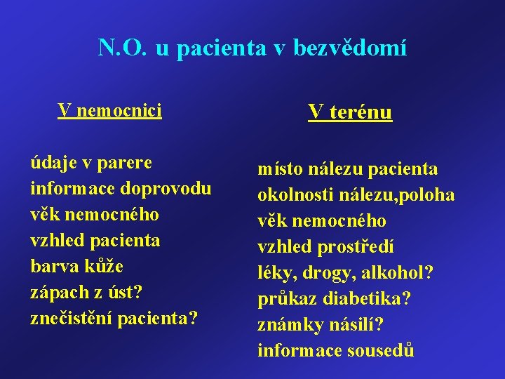 N. O. u pacienta v bezvědomí V nemocnici údaje v parere informace doprovodu věk