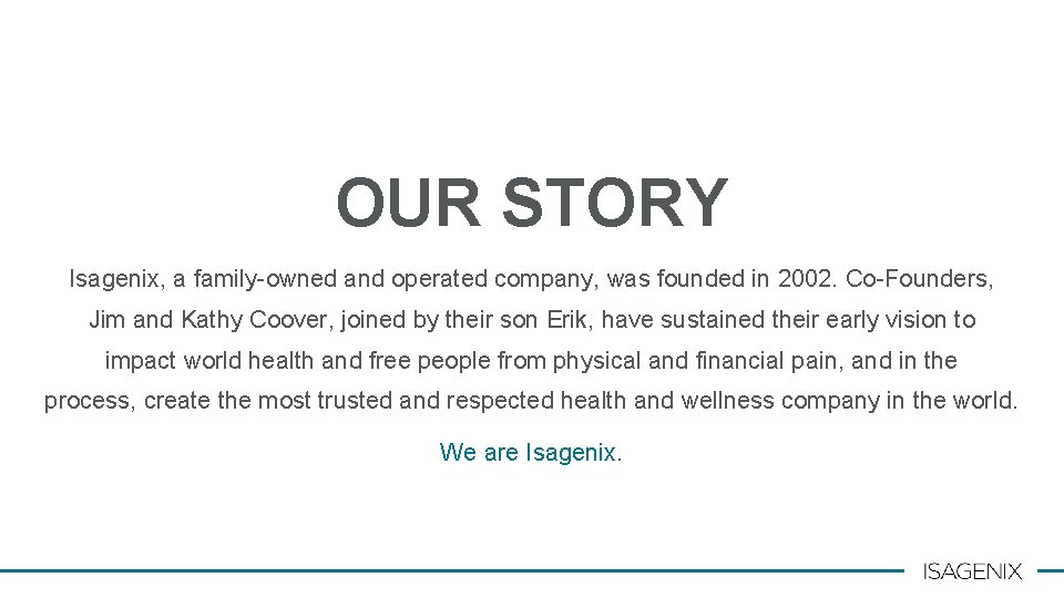 OUR STORY Isagenix, a family-owned and operated company, was founded in 2002. Co-Founders, Jim