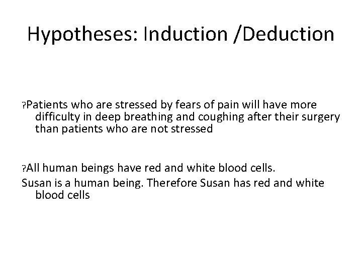 Hypotheses: Induction /Deduction ? Patients who are stressed by fears of pain will have