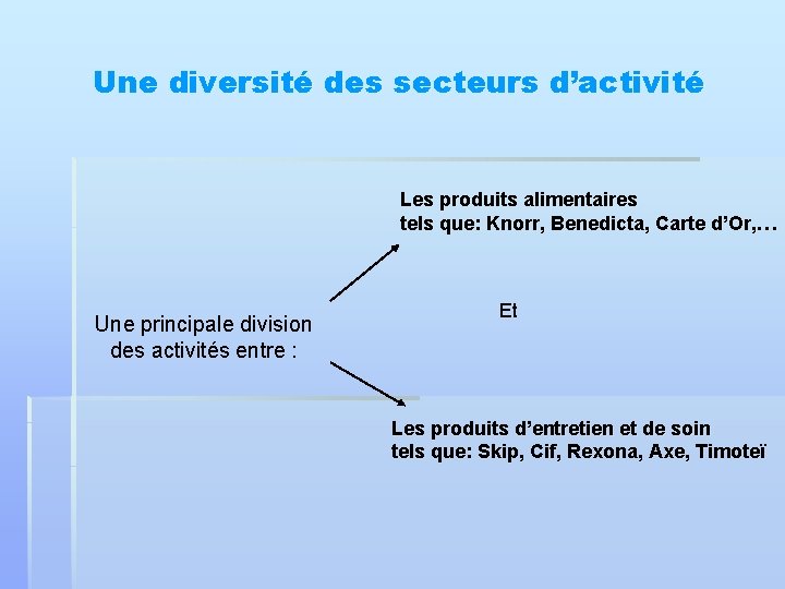 Une diversité des secteurs d’activité Les produits alimentaires tels que: Knorr, Benedicta, Carte d’Or,