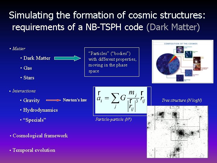 Simulating the formation of cosmic structures: requirements of a NB-TSPH code (Dark Matter) •