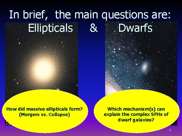 In brief, the main questions are: Ellipticals & Dwarfs How did massive ellipticals form?