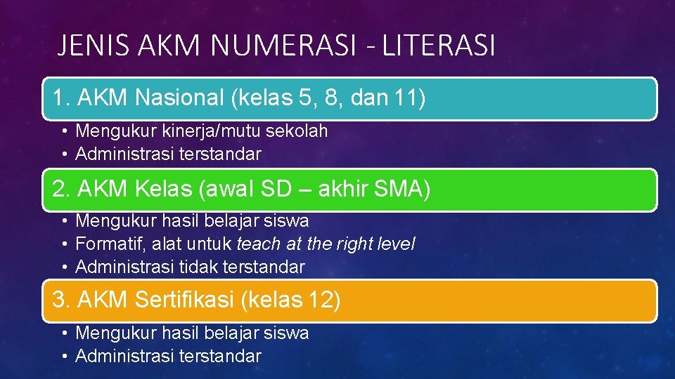 JENIS AKM NUMERASI - LITERASI 1. AKM Nasional (kelas 5, 8, dan 11) •