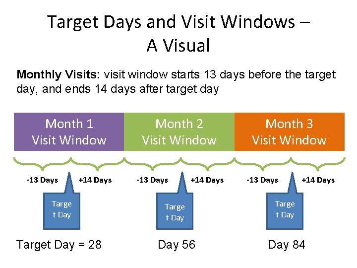 Target Days and Visit Windows – A Visual Monthly Visits: visit window starts 13