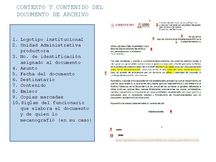 CONTEXTO Y CONTENIDO DEL DOCUMENTO DE ARCHIVO 1. Logotipo institucional 2. Unidad Administrativa productora