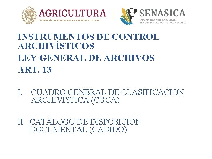 INSTRUMENTOS DE CONTROL ARCHIVÍSTICOS LEY GENERAL DE ARCHIVOS ART. 13 I. CUADRO GENERAL DE