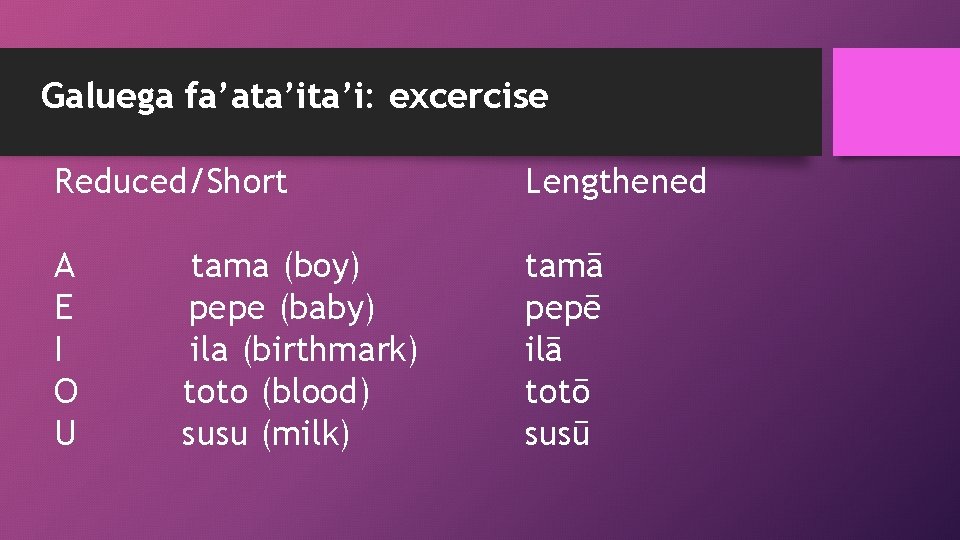 Galuega fa’ata’i: excercise Reduced/Short Lengthened A E I O U tamā pepē ilā totō