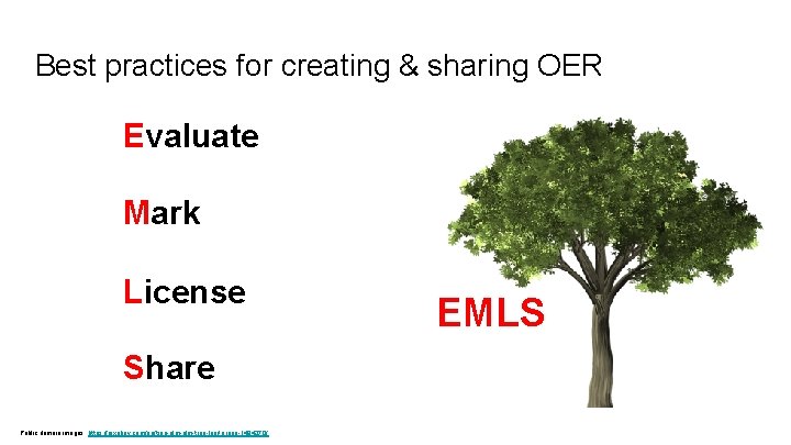 Best practices for creating & sharing OER Evaluate Mark License Share Public domain images: