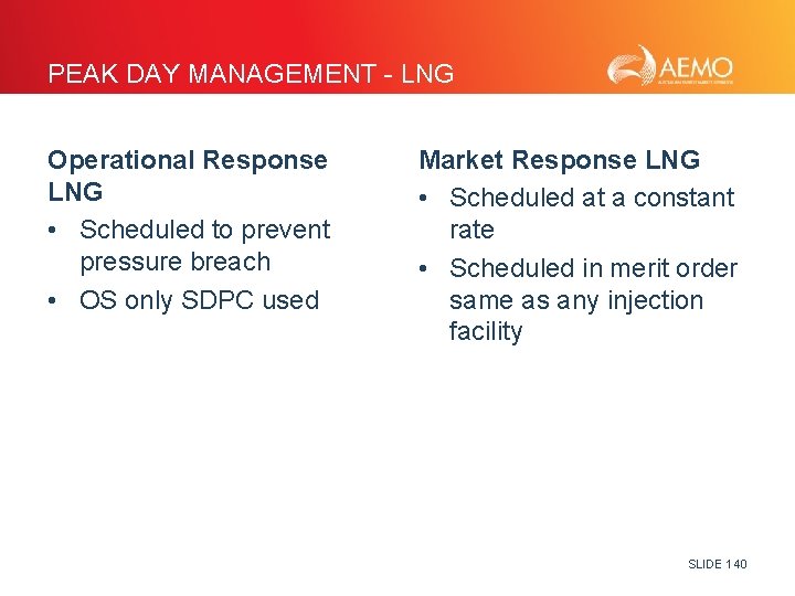 PEAK DAY MANAGEMENT - LNG Operational Response LNG • Scheduled to prevent pressure breach