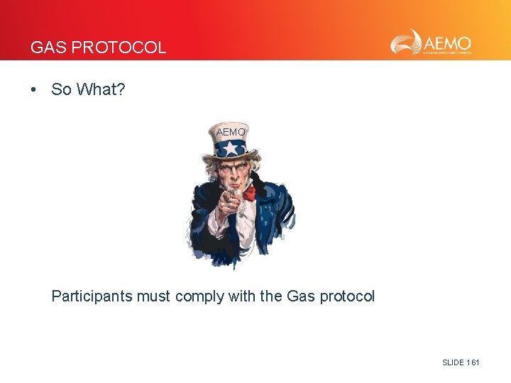 GAS PROTOCOL • So What? AEMO Participants must comply with the Gas protocol SLIDE