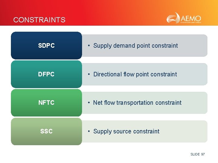 CONSTRAINTS SDPC • Supply demand point constraint DFPC • Directional flow point constraint NFTC