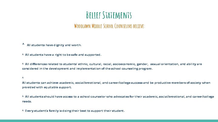 Belief Statements Woodlawn Middle School Counselors believe: ^ All students have dignity and worth.