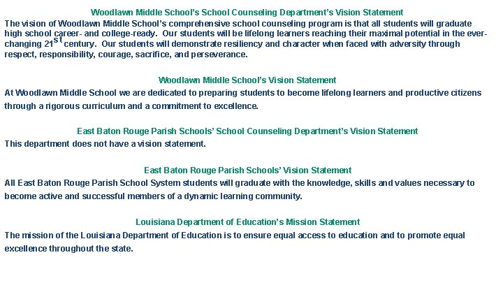 Woodlawn Middle School’s School Counseling Department’s Vision Statement The vision of Woodlawn Middle School’s