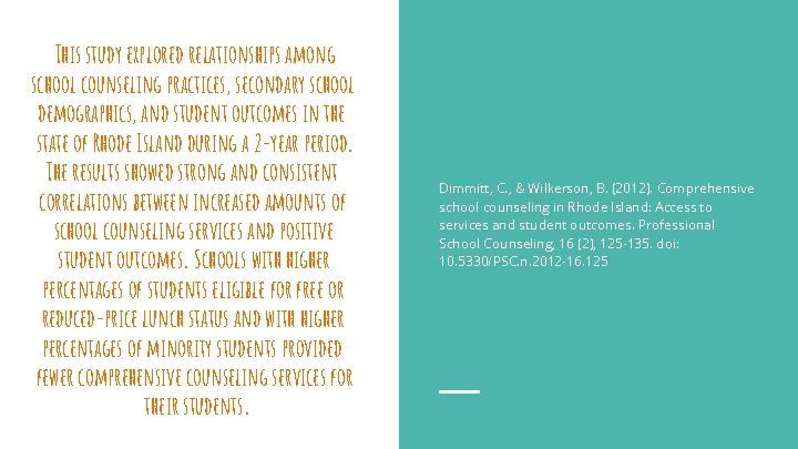 This study explored relationships among school counseling practices, secondary school demographics, and student outcomes