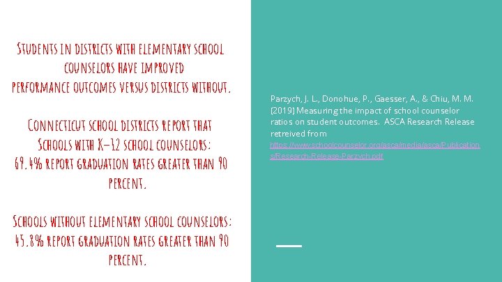 Students in districts with elementary school counselors have improved performance outcomes versus districts without.