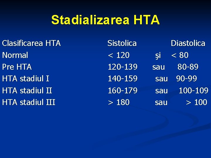 Stadializarea HTA Clasificarea HTA Normal Pre HTA stadiul III Sistolica < 120 -139 140