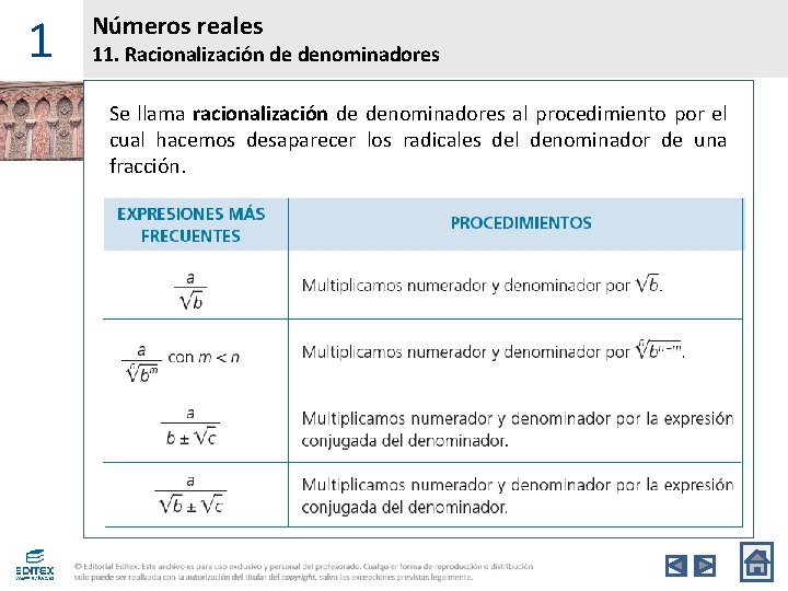 1 Números reales 11. Racionalización de denominadores Se llama racionalización de denominadores al procedimiento
