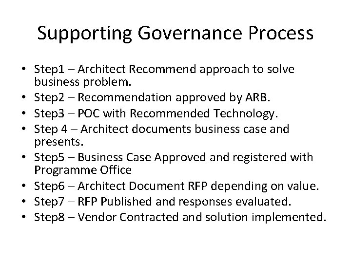 Supporting Governance Process • Step 1 – Architect Recommend approach to solve business problem.