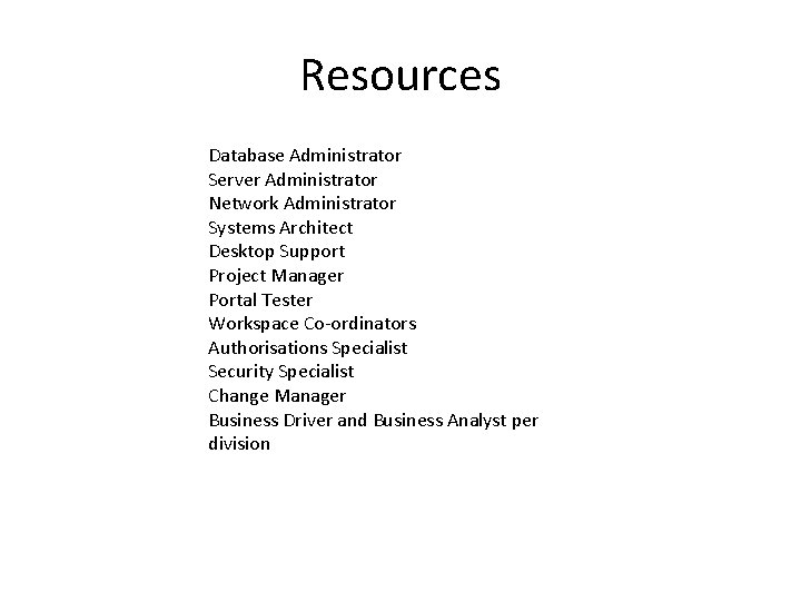 Resources Database Administrator Server Administrator Network Administrator Systems Architect Desktop Support Project Manager Portal
