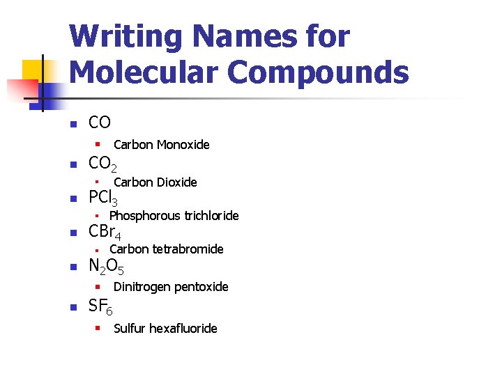 Writing Names for Molecular Compounds n CO Carbon Monoxide n n CO 2 Carbon