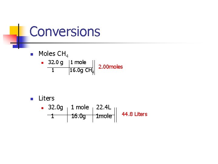 Conversions n Moles CH 4 n n 32. 0 g 1 1 mole 2.