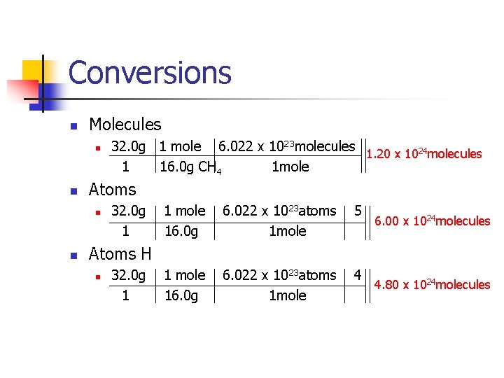 Conversions n Molecules n n Atoms n n 32. 0 g 1 mole 6.