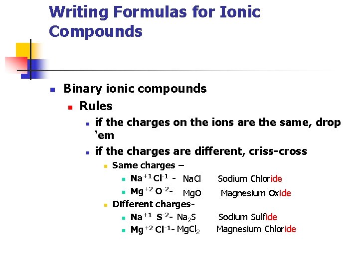 Writing Formulas for Ionic Compounds n Binary ionic compounds n Rules n n if
