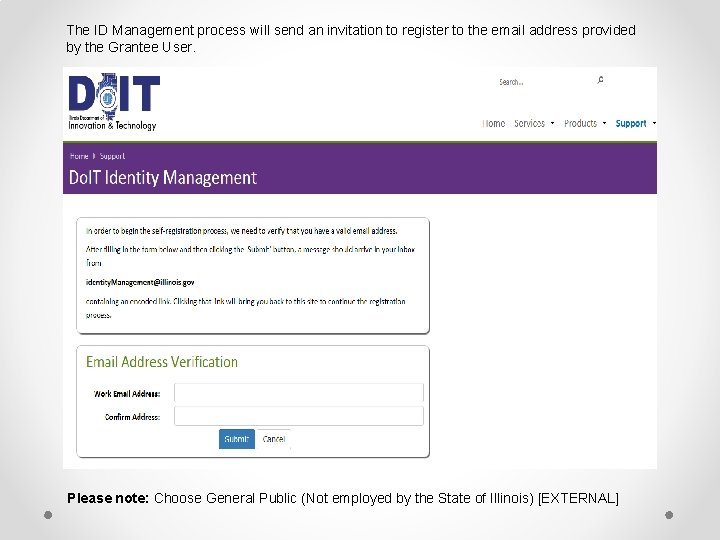 The ID Management process will send an invitation to register to the email address