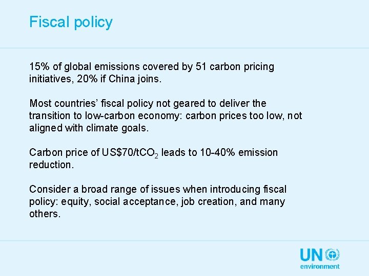 Fiscal policy 15% of global emissions covered by 51 carbon pricing initiatives, 20% if