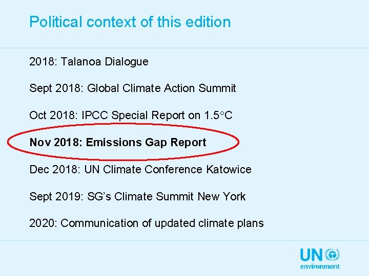 Political context of this edition 2018: Talanoa Dialogue Sept 2018: Global Climate Action Summit
