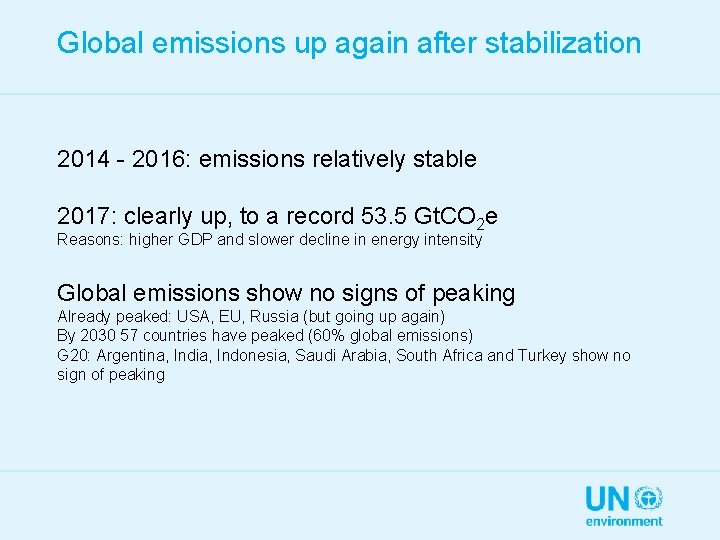 Global emissions up again after stabilization 2014 - 2016: emissions relatively stable 2017: clearly