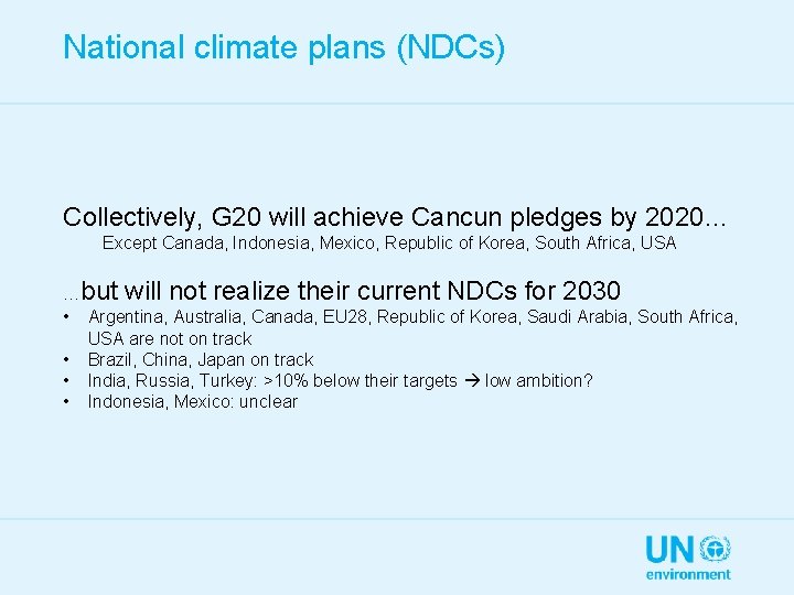 National climate plans (NDCs) Collectively, G 20 will achieve Cancun pledges by 2020… Except