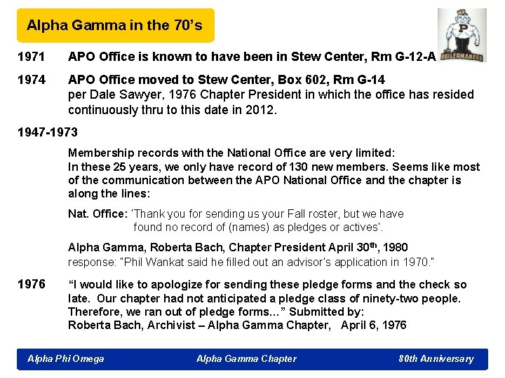 Alpha Gamma in the 70’s 1971 APO Office is known to have been in