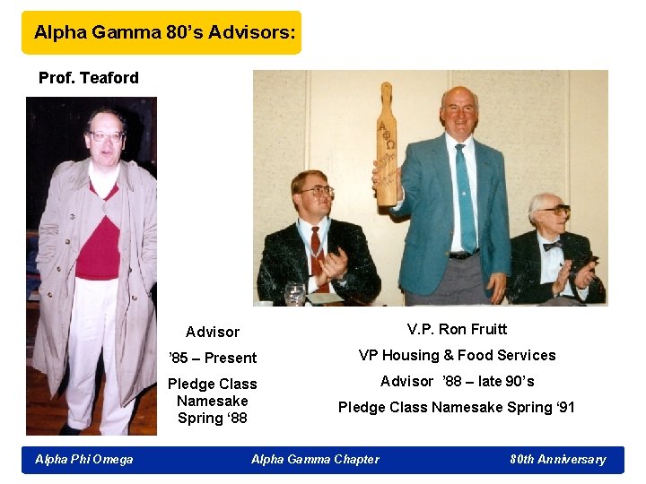 Alpha Gamma 80’s Advisors: Prof. Teaford Alpha Phi Omega Advisor V. P. Ron Fruitt