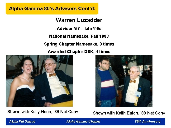 Alpha Gamma 80’s Advisors Cont’d: Warren Luzadder Advisor ’ 57 – late ’ 90