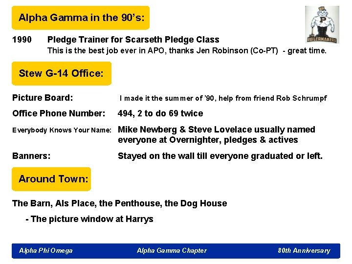 Alpha Gamma in the 90’s: 1990 Pledge Trainer for Scarseth Pledge Class This is