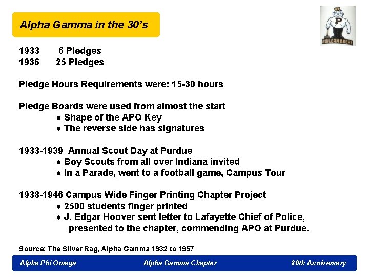 Alpha Gamma in the 30’s 1933 6 Pledges 1936 25 Pledges Pledge Hours Requirements