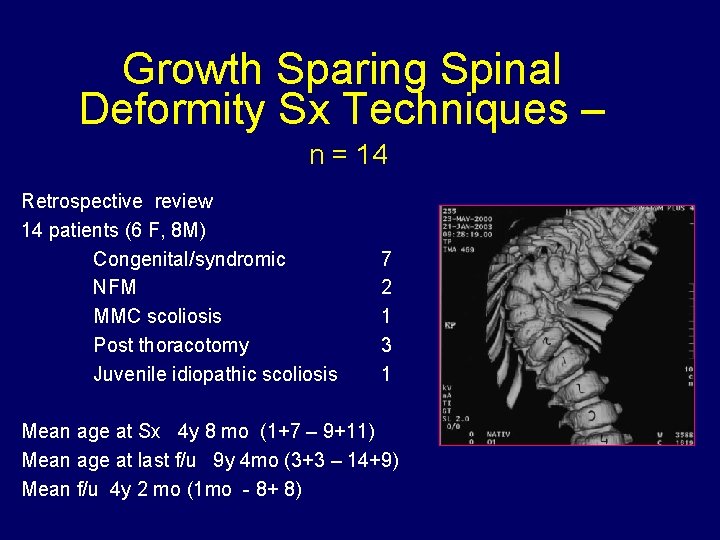 Growth Sparing Spinal Deformity Sx Techniques – n = 14 Retrospective review 14 patients