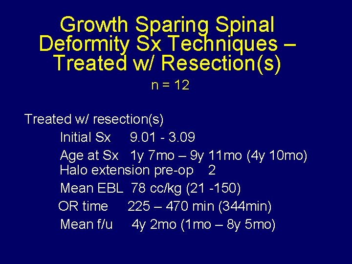 Growth Sparing Spinal Deformity Sx Techniques – Treated w/ Resection(s) n = 12 Treated