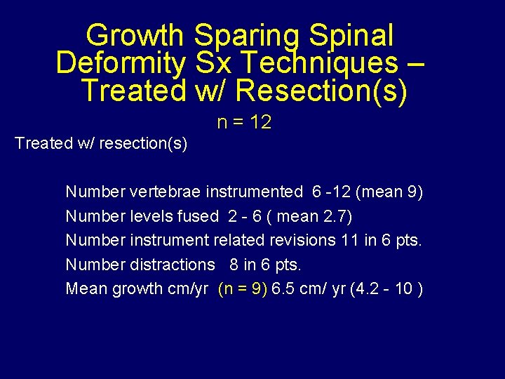 Growth Sparing Spinal Deformity Sx Techniques – Treated w/ Resection(s) n = 12 Treated