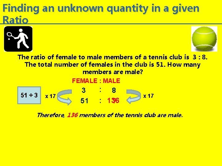 Finding an unknown quantity in a given Ratio The ratio of female to male