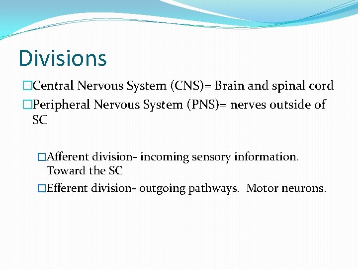 Divisions �Central Nervous System (CNS)= Brain and spinal cord �Peripheral Nervous System (PNS)= nerves