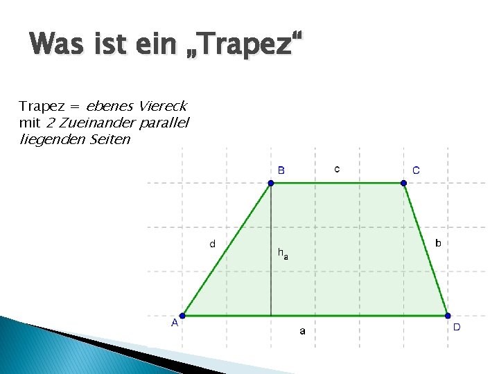 Was ist ein „Trapez“ Trapez = ebenes Viereck mit 2 Zueinander parallel liegenden Seiten